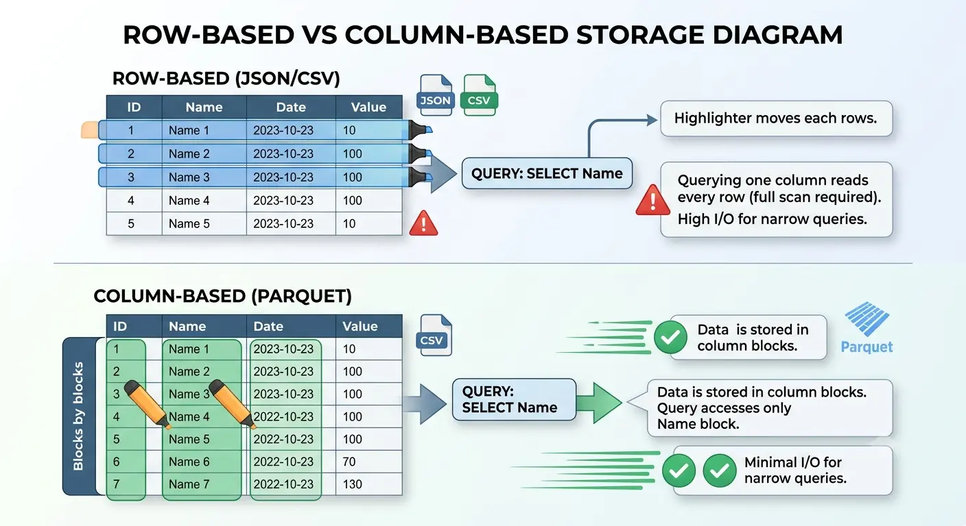 Diagram comparing row-based storage (JSON, CSV) where all columns must be read versus columnar storage (Parquet)